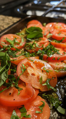 Sliced Tomatoes and Basil on Baking Tray