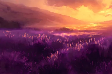 Papier Peint photo Violet Majestic Sunset Over a Purple Wildflower Meadow
