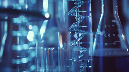 A transparent model of a DNA strand surrounded by laboratory glassware, illuminated with a blue scientific light.