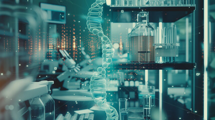 A digital representation of a DNA molecule within the futuristic environment of a high-tech research laboratory.