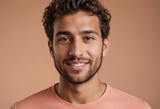 A relaxed man in a peach tee stands with a soft, approachable smile, conveying ease and simplicity.