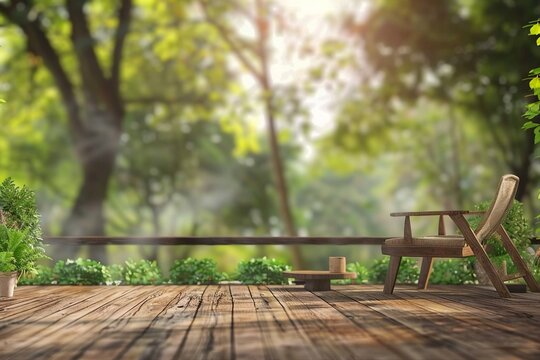 Wood terrace in the garden at morning time 3D rendering image, There is a wooden floor, wood Chair,garden background with blur. generative ai