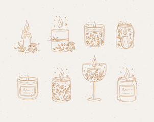 Candles with branches and leaves collection drawing on grey background