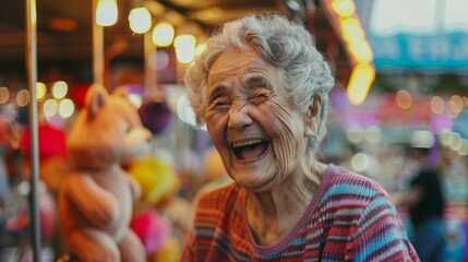 Obraz premium Senior woman smiling with delight as she wins a stuffed animal at a carnival game