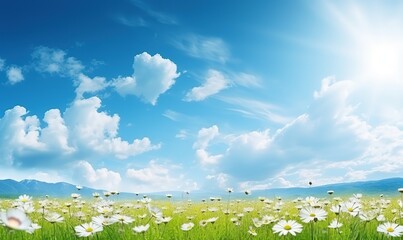 Beautiful, sun-drenched spring summer meadow. Natural colorful panoramic landscape with many wild...