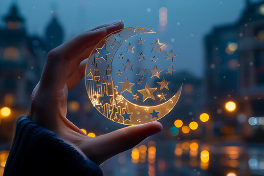 Hand holding paper cut moon and stars, Ramadan, Muharram, eid al adha holiday.