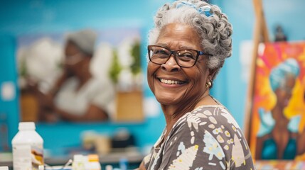 A senior black woman smiling and leading a hip-hop themed art class for seniors