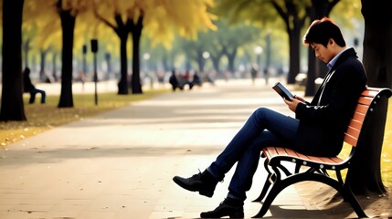 Autumn Reading: Person Enjoying a Book on Bench Alongside Road, Immersed in Tranquil Fall Ambiance and Literary Escape.
