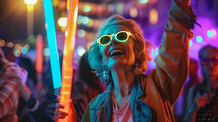 Senior woman smiling and holding a glow stick high in the air while dancing with friends at an...