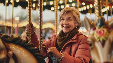Fototapeta na wymiar A senior woman smiling and enjoying a carousel ride on a beautifully decorated horse