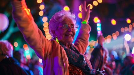 Senior woman smiling and holding a glow stick high in the air while dancing with friends at an...