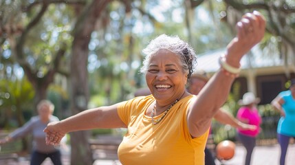 Senior woman smiling and following the instructor's moves during a fun-filled Zumba workout