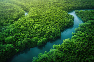 Fototapeta na wymiar Into the Heart of the Amazon: Delve Deep into the Untamed Wilderness of the World's Largest Rainforest, Where Nature Reigns Supreme. Aerial View of the River and Rainforest.