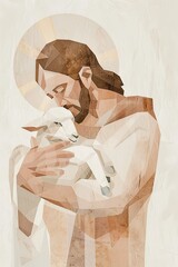 figure resembling a traditional depiction of Jesus Christ holding a lamb in his arms., minimalist and boho style