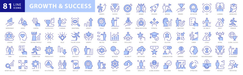 Growth and Success icon set. With concepts Learning, Aim, Reward, Achievement, Mission, Discovery, Winner and more icons. Dual color flat icon collection. Vector illustration - 748112856