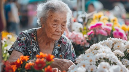 An older woman enjoying a sunny day at the market selecting flowers from a vendor's stal - obrazy, fototapety, plakaty