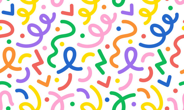 Fun colorful line doodle seamless pattern. Creative minimalist style art background texture for children or trendy design with colorful lines and dots.