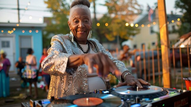 Senior black woman smiling and DJing at a hip-hop block party spinning records and keeping the crowd entertained with her beats