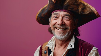 Senior man smiling in a pirate costume as he leads a Halloween-themed storytelling session with a...