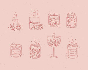 Candles with branches and leaves collection drawing on red background