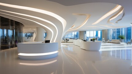Obraz premium Sleek Modern Architecture: Captivating Office Building Design with Contemporary Reception Area, Reflecting Innovation and Professionalism.