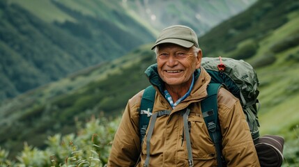 A senior man smiling as he packs his hiking gear for an outdoor adventure vacation in the mountains with a lush green landscape background 