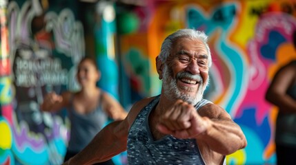Obraz premium Elderly man smiling and following the instructor's moves with precision during a Zumba session
