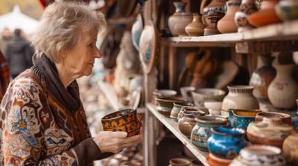 A senior lady admiring artisanal pottery at a charming market stall