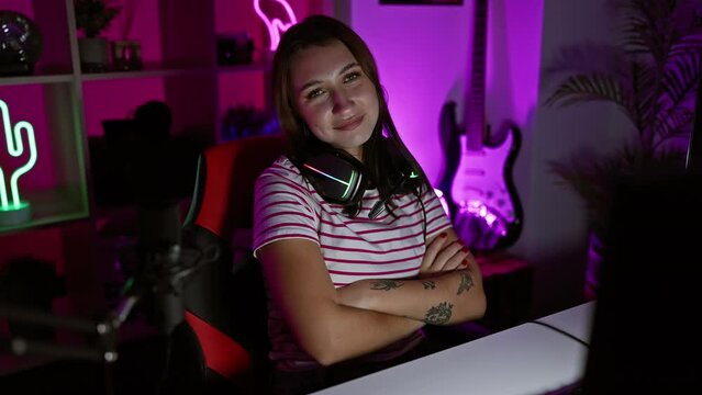 A brunette woman with crossed arms wearing headphones in a colorful gaming room at night.