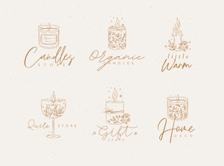 Candles with branches and leaves label collection drawing on beige background