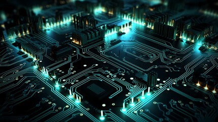 Obraz premium Nahaufnahme einer blau leuchtenden Leiterplatte.