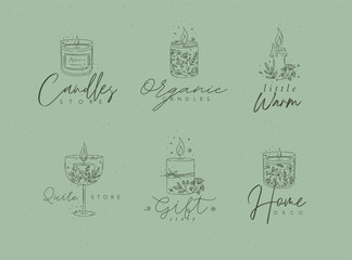 Candles with branches and leaves label collection drawing on green background