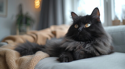 A fluffy black cat lies on the sofa in the living room. Caring for a pet cat.