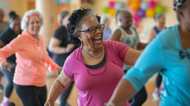 Senior black friends smiling and laughing together as they dance and shimmy in a lively Zumba class