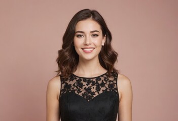 Fototapeta premium A woman in a black lace dress smiles warmly, pink-toned background complements her elegance.