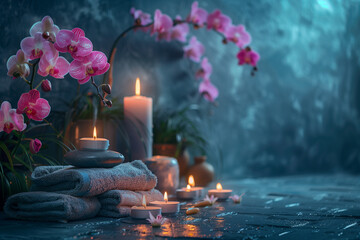 Towel, orchid flowers, bamboo leaves and cosmetics on a gray background. Relax concept