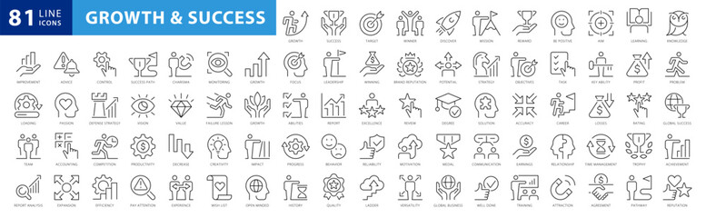 Growth and success line icons collection. Big UI icon set in a flat design. Thin outline icons pack. Vector illustration EPS10 - obrazy, fototapety, plakaty