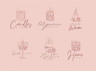 Candles with branches and leaves label collection drawing on red background
