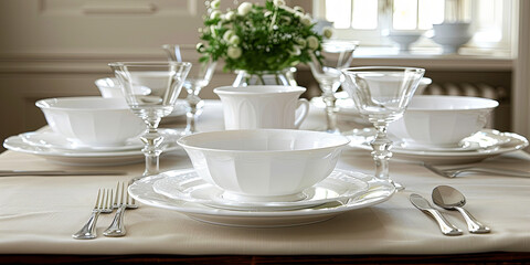 A dining table with a beige tablecloth and dishes made of natural mat