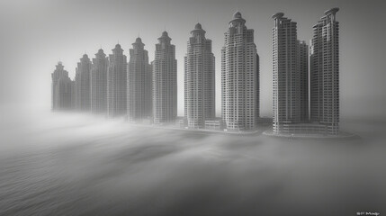 A distant city city: urban buildings rising to the very clouds, like a symbol of greatness an