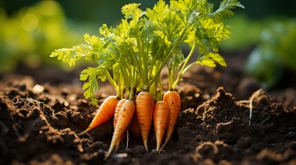 Thriving carrot in garden bed with intricate details, offering generous space for text. - obrazy, fototapety, plakaty