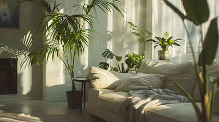 Cozy Living Room With Fireplace and Abundant Plants
