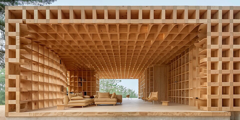 A library with shelves made of natural wood and soft chai