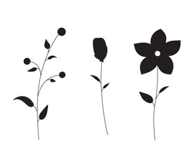 Three black flower silhouettes on white background for holidays, icons, fabrics
