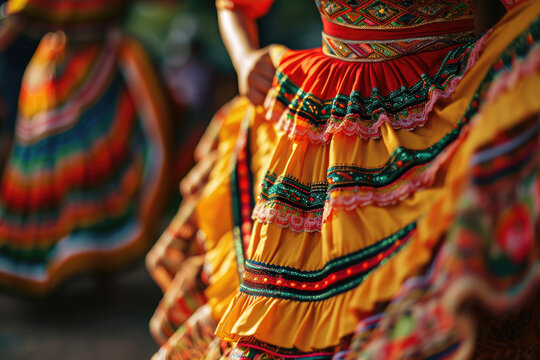Dancing with Tradition: A Latina Woman Moves Gracefully in Traditional Mexican Attire, Infusing the Fiesta Celebration with Joyful Energy and Cultural Spirit.