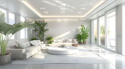 Fototapeta na wymiar A Spacious Living Room With Large White Couch and Potted Plants