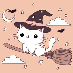 Cute cat rides a broomstick through the night sky. Halloween illustration