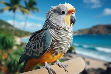 Fototapeta premium Colorful tropical bird on palm tree branch, exotic wildlife with text space background