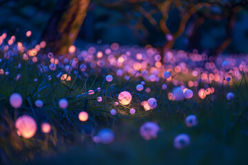 A garden of glowing orbs, like a field of bioluminescent flowers. - obrazy, fototapety, plakaty