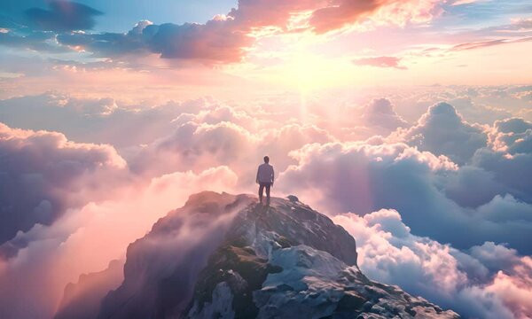 Person on a mountain summit looking at the cloudy sky during sunset. The concept of the grandeur of nature and personal accomplishment.